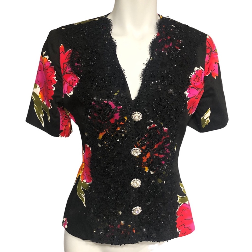 90s Rikki Freeman TJ Nites Floral Mob Wife Blazer Beaded Chunky Button 4